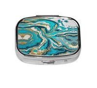 Square Round Pill Case Turquoise Blue Gold Marble Pill Box Daily 2 Compartment Travel Pill Container for Pocket Purse Portable Medicine Cod Liver Oil Storage Box 2 Times a Day Pill Organizer