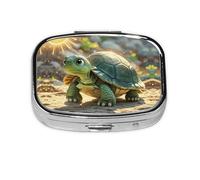 Square Round Pill Case Turtle in the Sun Pill Box Daily 2 Compartment Travel Pill Container for Pocket Purse Portable Medicine Cod Liver Oil Storage Box 2 Times a Day Pill Organizer