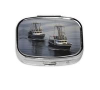 Square Round Pill Case Two Fishing Boats Pill Box Daily 2 Compartment Travel Pill Container for Pocket Purse Portable Medicine Cod Liver Oil Storage Box 2 Times a Day Pill Organizer