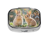 Square Round Pill Case Two Little Cute Rabbits Pill Box Daily 2 Compartment Travel Pill Container for Pocket Purse Portable Medicine Cod Liver Oil Storage Box 2 Times a Day Pill Organizer