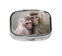Square Round Pill Case Two Macaques Hugging Pill Box Daily 2 Compartment Travel Pill Container for Pocket Purse Portable Medicine Cod Liver Oil Storage Box 2 Times a Day Pill Organizer