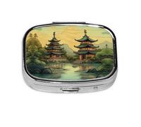 Square Round Pill Case Two Pagodas on the Lake Pill Box Daily 2 Compartment Travel Pill Container for Pocket Purse Portable Medicine Cod Liver Oil Storage Box 2 Times a Day Pill Organizer