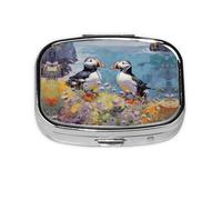 Square Round Pill Case Two Puffins Pill Box Daily 2 Compartment Travel Pill Container for Pocket Purse Portable Medicine Cod Liver Oil Storage Box 2 Times a Day Pill Organizer