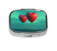 Square Round Pill Case Two red Heart-Shaped Balloons Pill Box Daily 2 Compartment Travel Pill Container for Pocket Purse Portable Medicine Cod Liver Oil Storage Box 2 Times a Day Pill Organizer