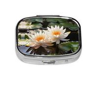 Square Round Pill Case Two Water Lilies Pill Box Daily 2 Compartment Travel Pill Container for Pocket Purse Portable Medicine Cod Liver Oil Storage Box 2 Times a Day Pill Organizer