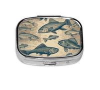 Square Round Pill Case Vintage Different Fish Pill Box Daily 2 Compartment Travel Pill Container for Pocket Purse Portable Medicine Cod Liver Oil Storage Box 2 Times a Day Pill Organizer