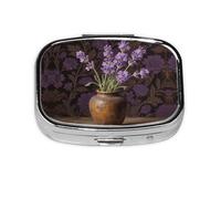 Square Round Pill Case Vintage Lavender Flower Pill Box Daily 2 Compartment Travel Pill Container for Pocket Purse Portable Medicine Cod Liver Oil Storage Box 2 Times a Day Pill Organizer