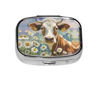 Square Round Pill Case Watercolor Cow and Daisy Flower Pill Box Daily 2 Compartment Travel Pill Container for Pocket Purse Portable Medicine Cod Liver Oil Storage Box 2 Times a Day Pill Organizer