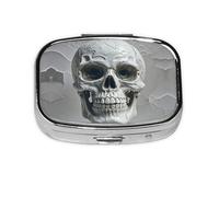 Square Round Pill Case White and Gray Skull Graphics Pill Box Daily 2 Compartment Travel Pill Container for Pocket Purse Portable Medicine Cod Liver Oil Storage Box 2 Times a Day Pill Organizer