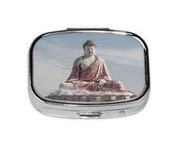 Square Round Pill Case White Buddha Statue Pill Box Daily 2 Compartment Travel Pill Container for Pocket Purse Portable Medicine Cod Liver Oil Storage Box 2 Times a Day Pill Organizer