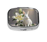 Square Round Pill Case White Rabbit and Lilies Pill Box Daily 2 Compartment Travel Pill Container for Pocket Purse Portable Medicine Cod Liver Oil Storage Box 2 Times a Day Pill Organizer