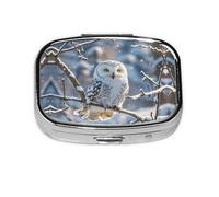Square Round Pill Case Winter White Owl Pill Box Daily 2 Compartment Travel Pill Container for Pocket Purse Portable Medicine Cod Liver Oil Storage Box 2 Times a Day Pill Organizer