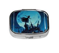 Square Round Pill Case Witch Flies Over the Castle Pill Box Daily 2 Compartment Travel Pill Container for Pocket Purse Portable Medicine Cod Liver Oil Storage Box 2 Times a Day Pill Organizer