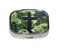 Square Round Pill Case with Black Cross Among Green Flowers 2 Compartment Daily Pill Box Travel Pill Container for Pocket Wallet Portable Pill Box