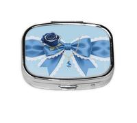 Square Round Pill Case with Blue Floral Bow, 2 Compartment Daily Travel Pill Box for Pocket Wallet, Medicine Liver Oil Storage Box