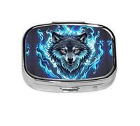 Square Round Pill Case Wolf Head in Blue Flames Pill Box Daily 2 Compartment Travel Pill Container for Pocket Purse Portable Medicine Cod Liver Oil Storage Box 2 Times a Day Pill Organizer