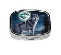 Square Round Pill Case Wolf Under Moon Pill Box Daily 2 Compartment Travel Pill Container for Pocket Purse Portable Medicine Cod Liver Oil Storage Box 2 Times a Day Pill Organizer