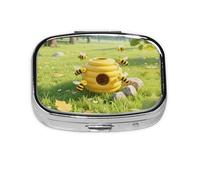Square Round Pill Case Yellow Honeycomb and Bee Pills Daily 2 Compartments Travel Pill Container for Pocket Wallet Portable Oil Storage Box
