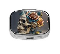 Square Round Pink Skull Leather Pill Case for Daily Use 2 Compartments Travel Pill Container for Pocket Wallet Liver Oil Storage Box