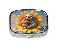 Square Round Sloth Pill Case Sitting on Sunflower Pill Box Daily Box 2 Compartments Travel Pill Container for Pocket Wallet Portable Pill Box