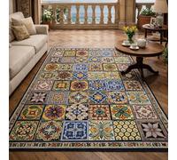 Square Rugs Washable, Retro, Floral, Geometric Blue, Red, Yellow, Green, Brown, 150 x 150 cm, Low Pile Rug Home Decorative Carpet for Sofa Living Kitchen Dining Bedroom Hall Lounge,