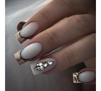 Square Shape French Tip Press On Nails with Gold Glitter and Rhinestone Pearl Accents - Short False Nail Set for Wedding Party Evening Formal Occasion Elegant Modern Manicure