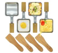 Square Shape Stainless Steel No coating Mini Raclette Grill Pan Cheese Pan Raclette Replacement Mini Grill Pan with bamboo handle(4PCS)