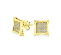 Square Shaped Cubic Zirconia Micro Pave CZ Kite Stud Earrings For Men Gold Plated .925 Sterling Silver 9MM