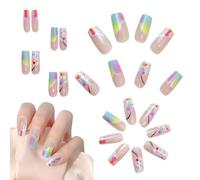 Square Shaped Press On Nails, Cute Medium Acrylic Fake Nail with Jelly Glue, Reusable Stick on Nails Full Cover for At Home, Holidays, Colorful Gradient False Nails