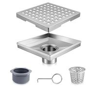 Square Shower Drain Kit-4‘’ Stainless Steel Bathroom Floor Drain Set (CUPC Certified) Equipped with Removable Quadrato Pattern Grate,Hair Filters,Threaded Joint with Rubber Seal and Lifting Hook