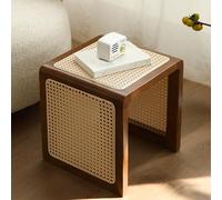 Square Side Table, Solid Wood Rattan End Table Rectangle Nightstand Boho Bedside Tables Shoe Changing Stool for Small Spaces, Living Room Bedroom and Hallway (Color : Log