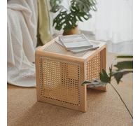 Square Side Table, Solid Wood Rattan End Table Rectangle Nightstand Boho Bedside Tables Shoe Changing Stool for Small Spaces, Living Room Bedroom and Hallway (Color : Log