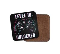 Square Single Coaster - Gamer Birthday Level 18 18th Eighteen Eighteenth Unlocked Gaming Game Controller Glitch Girls Boys Men Teenager Teen Mancave Gift #78576