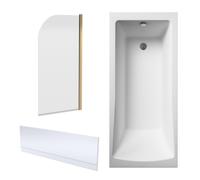 Square Single Ended 1700x700 Shower Bath Set - Front Panel & Brushed Brass Round Corner Screen