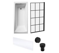 Square Single Ended Bath, Framed Screen, Front Panel, Black Waste -1700x700mm Balterley White One Size