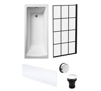 Balterley 1700 x 700mm Square Shower Bath with Leg Set, Black Square Framed Shower Screen, Chrome Waste, & Front Bath Panel, Straight Single Ended Gloss White Soaking Bathtubs