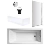 Balterley 1700 x 700mm Square Shower Bath with Leg Set, Chrome Rectangular Shower Screen, Chrome Waste & Front & End Bath Panels, Straight Single Ended Gloss White Soaking Bathtubs