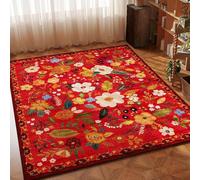 Square Small Rug Soft Anti-Slip Carpet Rugs for Dining Room Entryway Foyer Living Room Bedroom,Multicolour Floral Green Leaf Pattern Modern,Red,80 x 80 cm