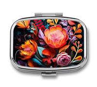 Square Some Colorful Flowers Pill Box Small Pill Case with 2 Compartment Portable Metal Medicine Organizer Mini Travel Medicine Vitamin Supplement Container for Pocket Purse