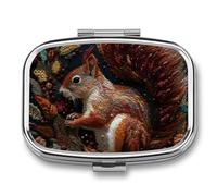 Square Squirrel Embroidery Pill Box Small Pill Case with 2 Compartment Portable Metal Medicine Organizer Mini Travel Medicine Vitamin Supplement Container for Pocket Purse