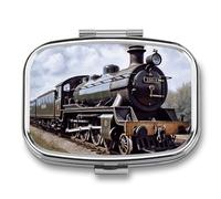 Square Steam Locomotive Train Pill Box Small Pill Case with 2 Compartment Portable Metal Medicine Organizer Mini Travel Medicine Vitamin Supplement Container for Pocket Purse