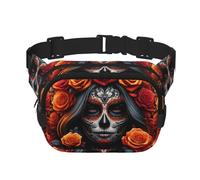 Square Sugar-Skull-Face-Roses Double-Layer Sport Fanny Pack Waist Pack Large Crossbody Waist Bag for Running Travel Walking