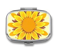 Square Sunflower Beauty Pill Box Small Pill Case with 2 Compartment Portable Metal Medicine Organizer Mini Travel Medicine Vitamin Supplement Container for Pocket Purse