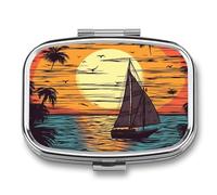 Square Sunset and Sailboat Pill Box Small Pill Case with 2 Compartment Portable Metal Medicine Organizer Mini Travel Medicine Vitamin Supplement Container for Pocket Purse