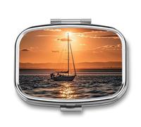 Square Sunset Seascape Sailboat Floating Pill Box Small Pill Case with 2 Compartment Portable Metal Medicine Organizer Mini Travel Medicine Vitamin Supplement Container for Pocket Purse