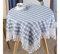Square Table Cloth,90x90CM Small Tablecloth,Blue Plaid Round Table cloths,Cotton Linen Wrinkle-Free Lace Hem Tablecloths,Washable Table Cover for Kitchen/Dinning/Party/Buffet/Camping(Blue 35" x 35")