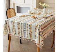 Square Tablecloths 120 x 120cm Cotton Linen Table Cloth With Tassel Blue Orange Yellow Boho Wipe Clean Water Resistant Table Cover for Kitchen Dining Garden Cafe Party Indoor Outdoor Tabletop Decor