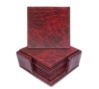 Square Tea Coasters pack of 6 with holder for bar, home, office, Leather, Non-Slip, Heat Resistant Coasters, bar coasters, Drink coasters. (Crocodile Red)