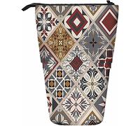 Square Telescopic Pencil Stationery Case Pens Storage Box with Zipper Closure for Women Men Boys Girls Geometric Circle Triangle Petal Floral Luxury Collage Feather Line Tile
