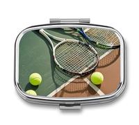 Square Tennis Racquets and Tennis Balls Pill Box Small Pill Case with 2 Compartment Portable Metal Medicine Organizer Mini Travel Medicine Vitamin Supplement Container for Pocket Purse